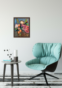 Highly textured expressionist floral in Situ with blue chair