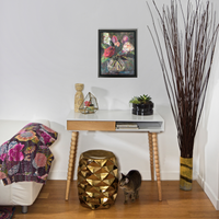 Floral Painting in Situ with desk and a Cat Named Chicken