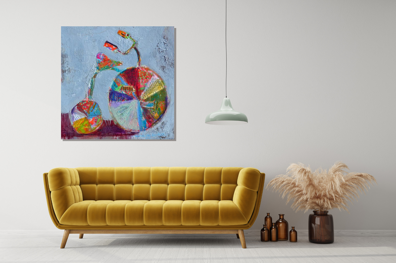 Marnie Joy Erickson Life Cycle Abstract Bike Painting Gold Velvet Sofa Glam
